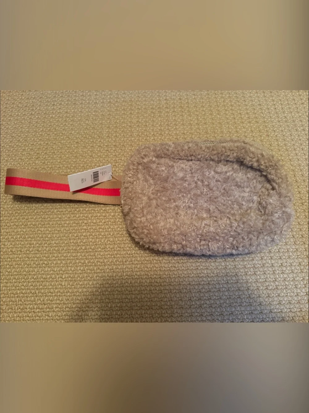 Anthropologie Beige Faux Shearling Belt Pouch with Red-Striped Strap